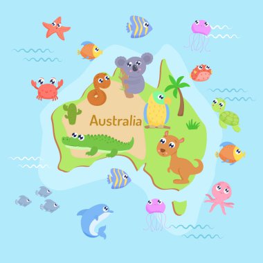 Çocuklar vektör çizim karikatür hayvanlar ile Avustralya Haritası
