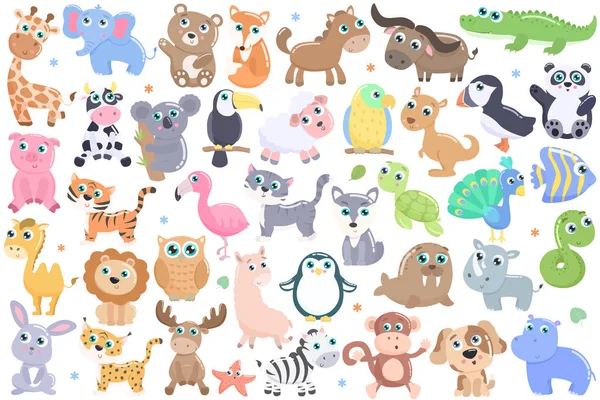 Lindos Animales Dibujos Animados Conjunto Diseño Plano — Archivo Imágenes Vectoriales