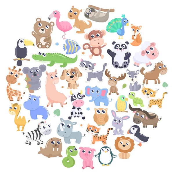 Lindos Animales Dibujos Animados Conjunto Diseño Plano — Archivo Imágenes Vectoriales