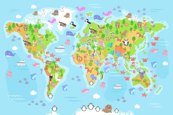 Векторная Иллюстрация Карты Мира Животными Детей Плоский Дизайн — стоковый вектор