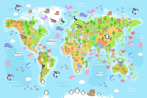 Vector Illustration World Map Animals Kids Flat Design — Stock Vector