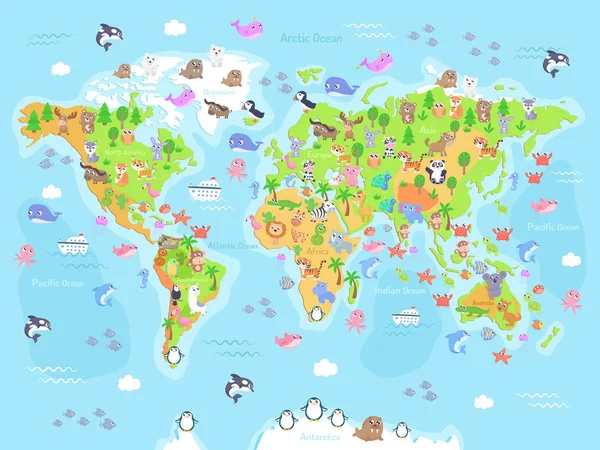 Vectorillustratie Van Wereldkaart Met Dieren Voor Kinderen Platte Ontwerp — Stockvector