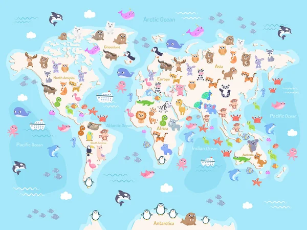 Векторна Ілюстрація Карти Світу Тваринами Дітей Плоский Дизайн — стоковий вектор