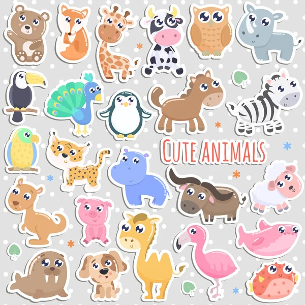 Set Cute Cartoon Animal Stickers Vector Illustration Flat Design — Stock Vector