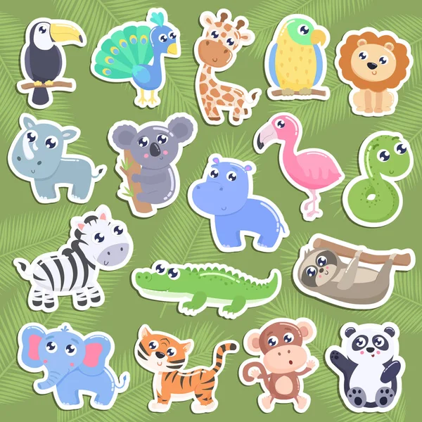 Cute Jungle Animal Stickers Flat Design — Stock Vector