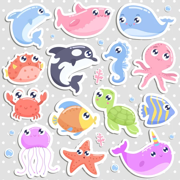 Lindas Pegatinas Animales Marinos Dibujos Animados Diseño Plano — Vector de stock