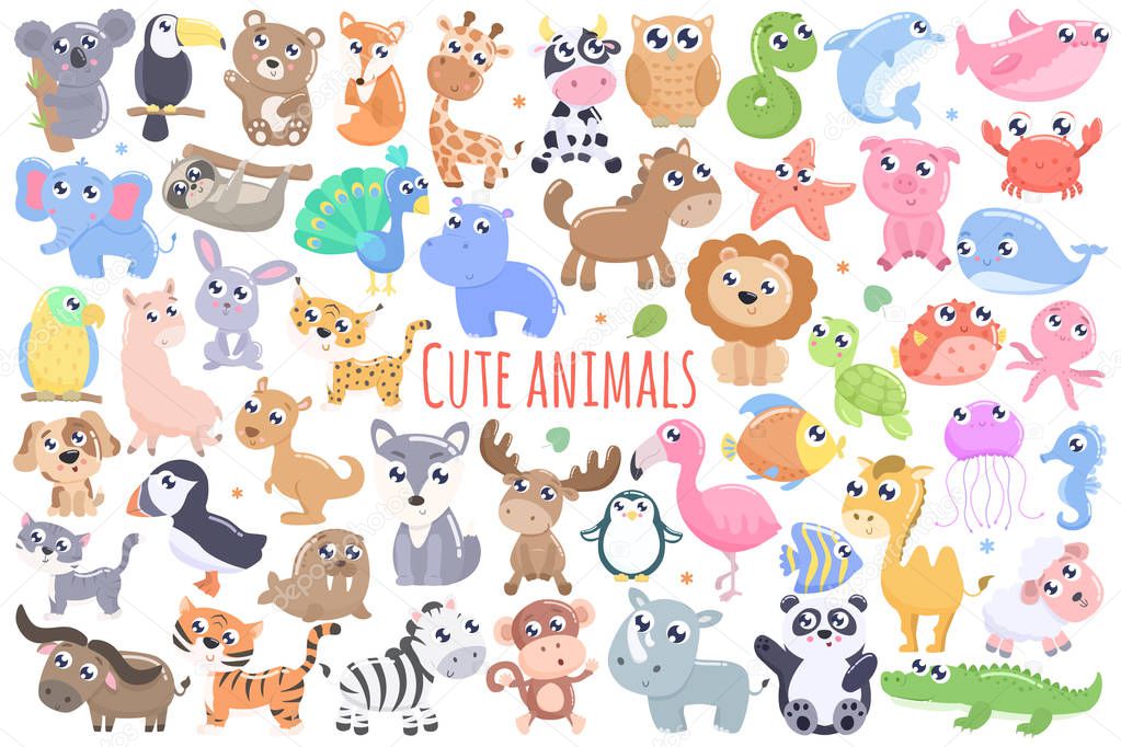 Cute cartoon animals set. Flat design
