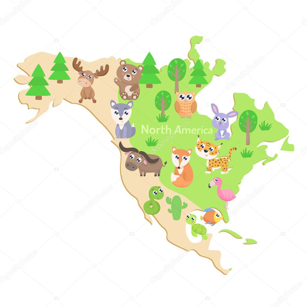 Map of North America with animals. Flat design.