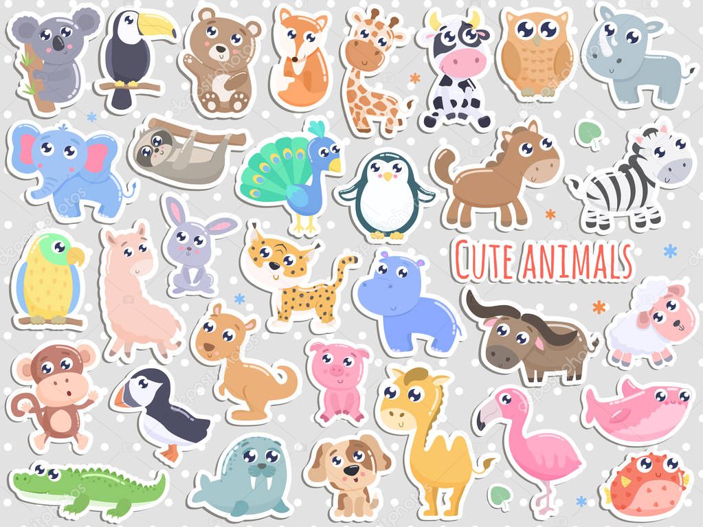 Big set of cute cartoon animal stickers  vector illustration. Flat design.