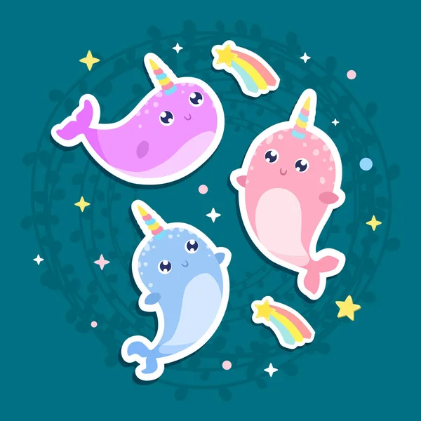 Cute Magical Narwhal Stickers Vector Illustration Flat Design — Stock Vector