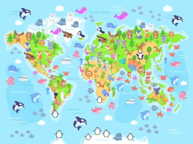 Dünya Haritası hayvanlarla vektör çizim çocuklar için. Düz tasarım.