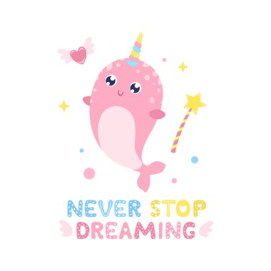 Şirin boynuzlu balina ve sihirli öğeleri illüstrasyon vektör. Hiç kart, baskı hayal kurmayı bırak