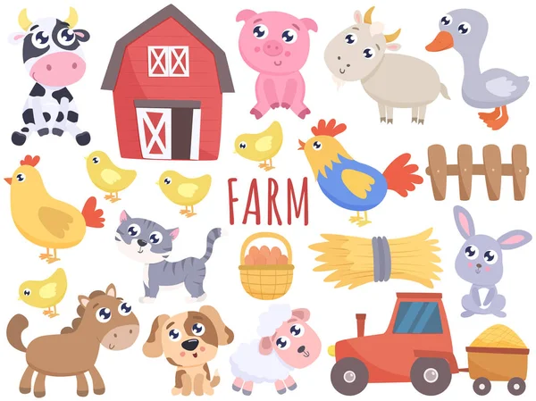 Cute Farm Cartoon Animals Related Items Vector Flat Illustration — Stock Vector