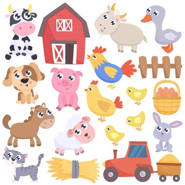 Cute Farm Cartoon Animals Related Items Vector Flat Illustration — Stock Vector