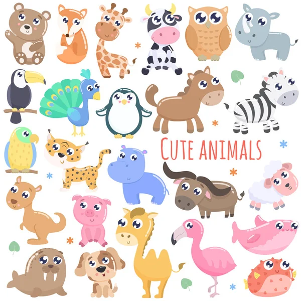 Big Set Cute Cartoon Animals Vector Illustration Flat Design — Stock Vector