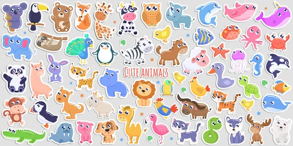 Lindas Pegatinas Animales Dibujos Animados Diseño Plano — Vector de stock