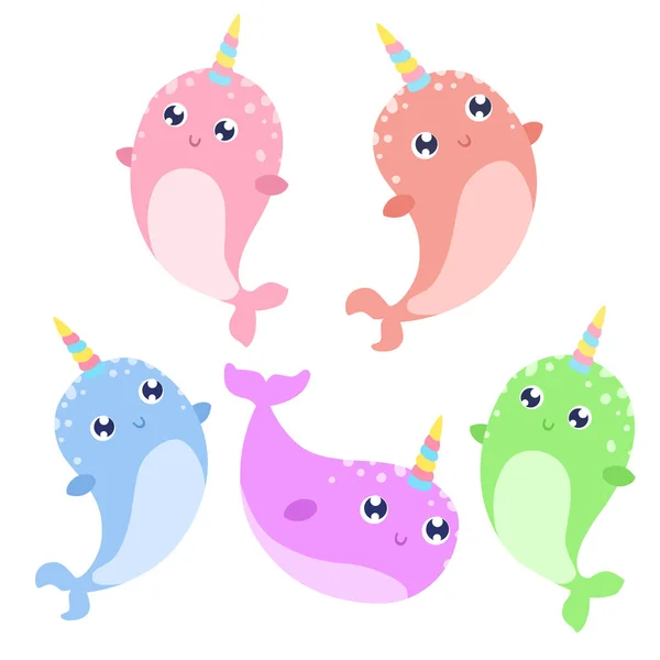Cute Magical Narwhals Vector Illustration — Stock Vector