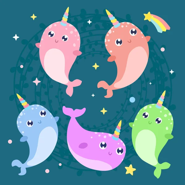 Cute Magical Narwhals Vector Illustration Flat Design — Stock Vector