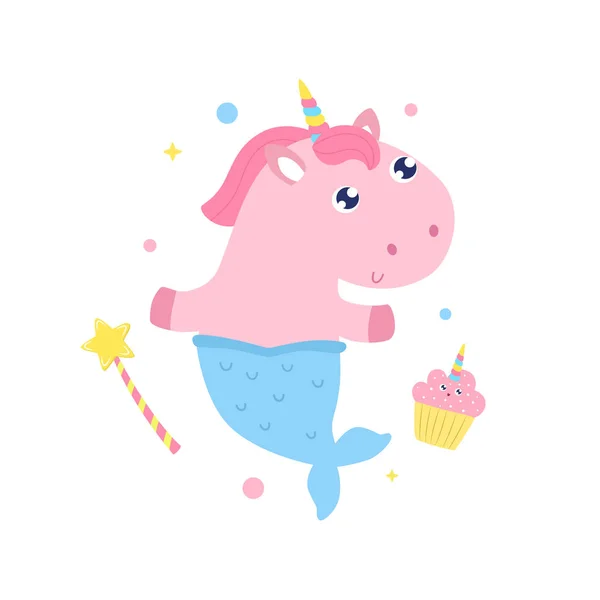 Cute Unicorn Mermaid Magical Items Vector Illustration — Stock Vector