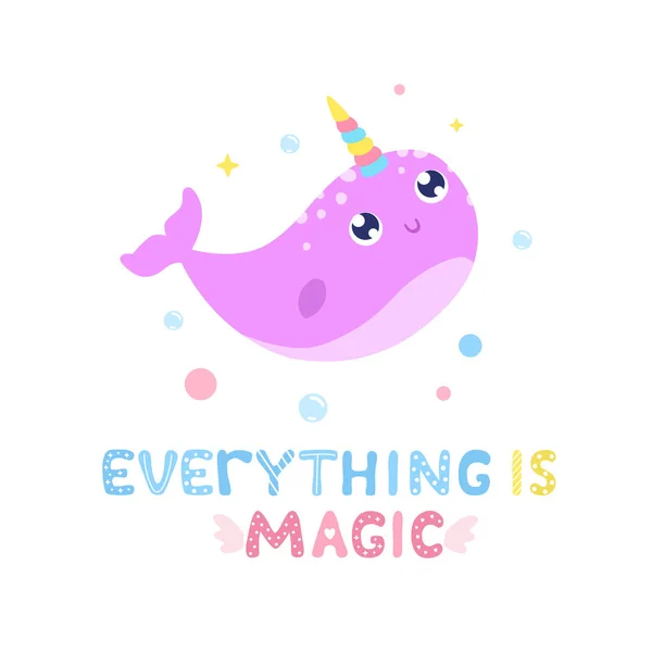 Cute Narwhal Magical Items Vector Illustration Everything Magic Card Print — Stock Vector