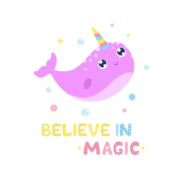 Cute Narwhal Magical Items Vector Illustration Believe Magic Card Print — Stock Vector