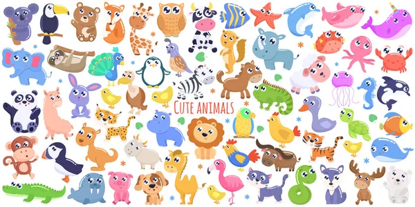 Lindos Animales Dibujos Animados Conjunto Diseño Plano — Vector de stock
