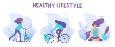 Sağlıklı yaşam vektörel çizimler. Bisiklet, scooter, tekme meditasyon