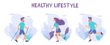 Sağlıklı yaşam vektörel çizimler. Nordic yürüyüş, koşu, paten skates