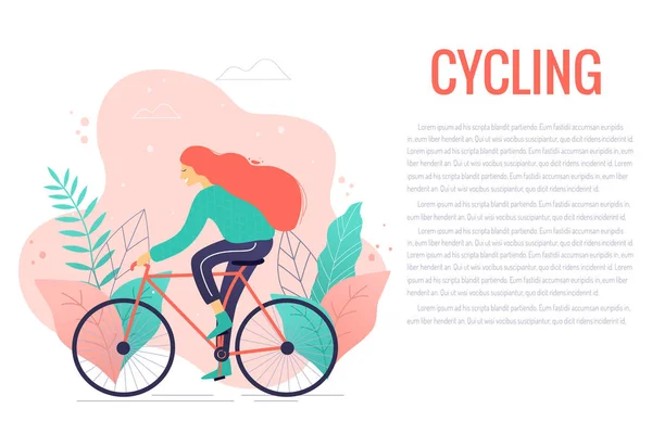 Frau mit Fahrrad im Park trendige Vektorillustration. — Stockvektor