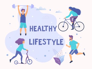 Sağlıklı aktif yaşam tarzı vektör çizim. Farklı fiziksel aktiviteler: çalışan, vücut geliştirme, scooter, Kuzey yürüyüşü.