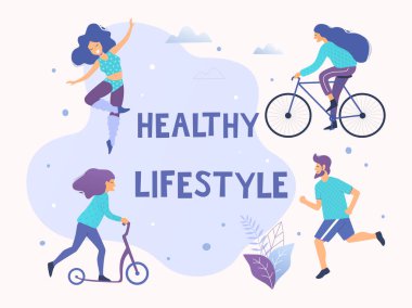 Sağlıklı aktif yaşam tarzı vektör çizim. Farklı fiziksel aktiviteler: koşu, aerobik, scooter, Bisiklet.