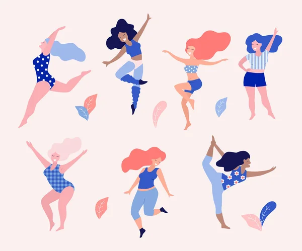 Feliz baile diversas mujeres vector ilustración . — Archivo Imágenes Vectoriales