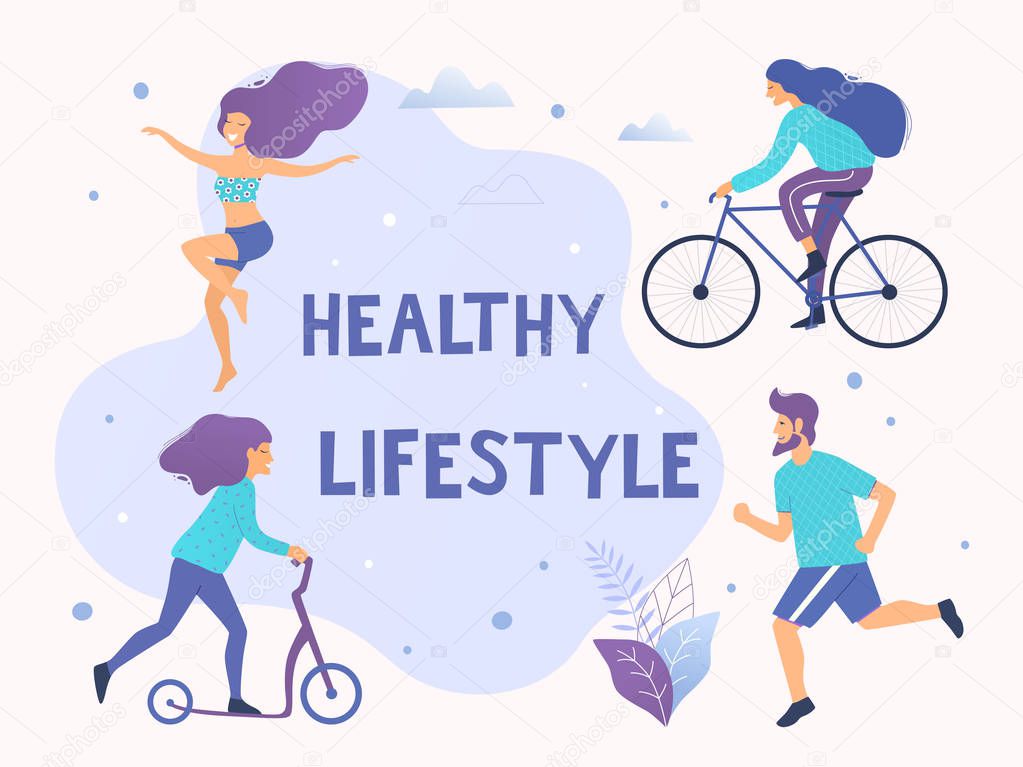 Healthy active lifestyle vector illustration. Different physical activities: running, aerobics, scooter, bicycle.
