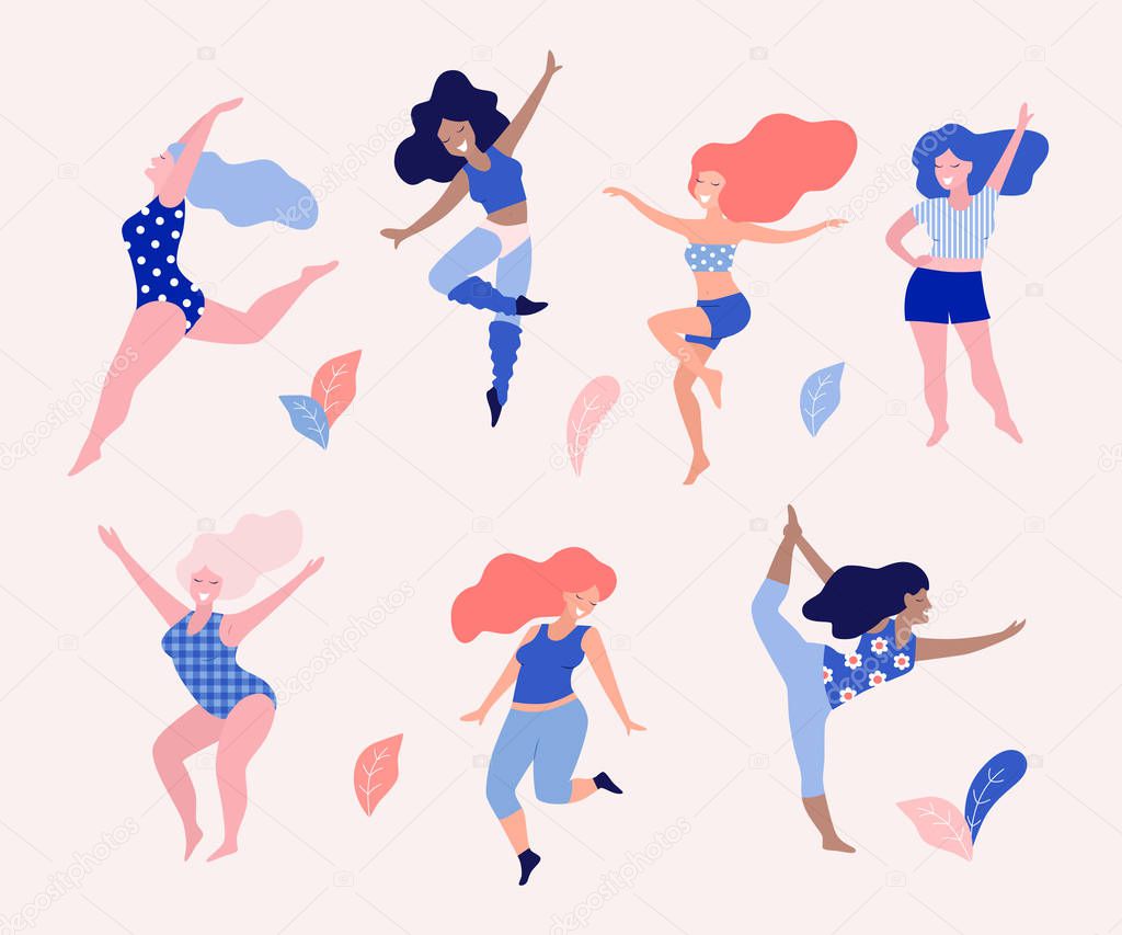 Happy dancing diverse women vector illustration.