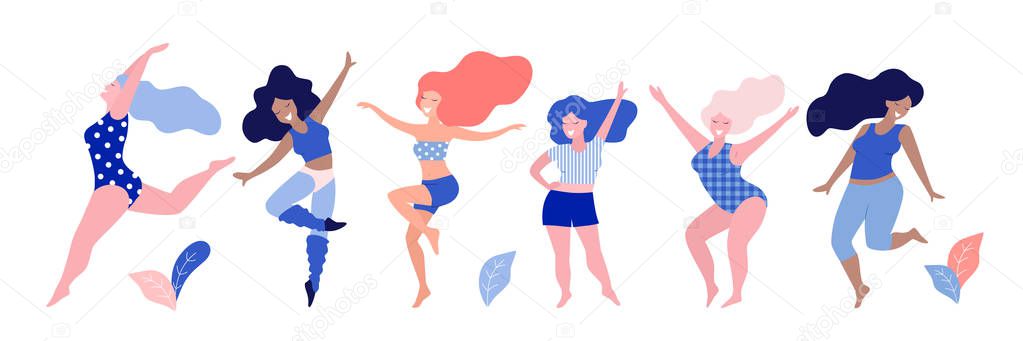 Happy dancing diverse women vector illustration.
