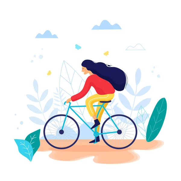 Kvinna som rider en cykel i park trendiga vektorillustration. — Stock vektor