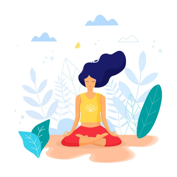 Lotus meditasyon pratik pozisyonda oturan kadın. Yoga-kız — Stok Vektör