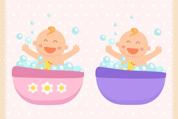 Happy baby girl and baby boy bath. Flat design. — Stock Vector