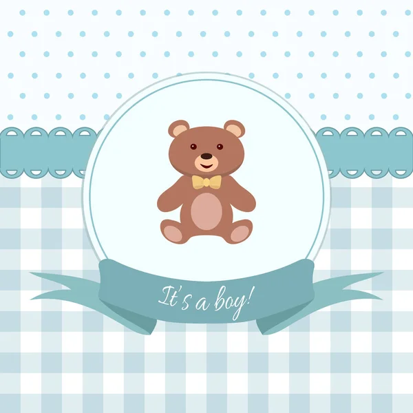 Baby jongen douche of aankomst kaart met teddybeer. Platte ontwerp — Stockvector