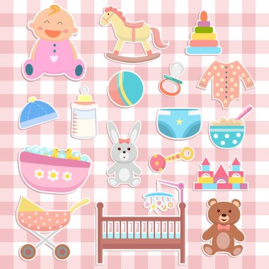 Damalı arka planda sevimli bebek simgeleri çıkartmalar