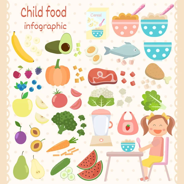 Kid food icons set. Children food infographic.  Vegetables, frui — Stock Vector