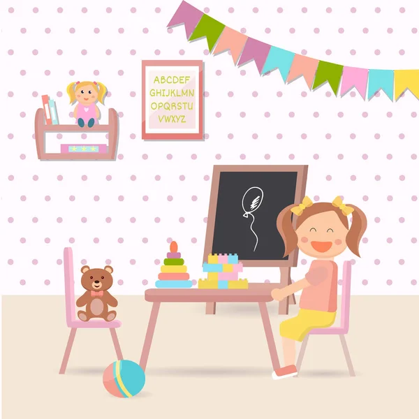 Ілюстрація дитячої кімнати дошкільного віку з дівчиною, що сидить на табуреті — стоковий вектор