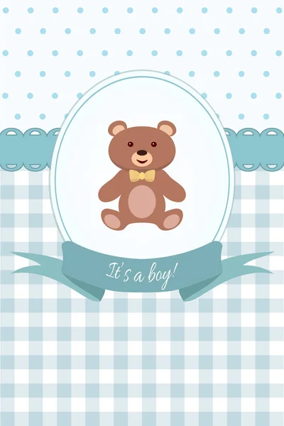 Baby boy shower or arrival card with teddy bear. Flat design — Stock Vector