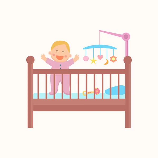 快乐站立的婴孩是在婴儿床. — 图库矢量图片