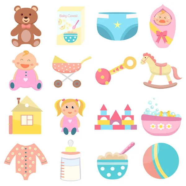 Plat pictogrammen babyset. — Stockvector