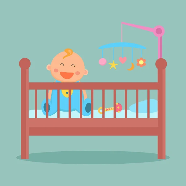 Happy sitting baby is in the crib. — Stock Vector