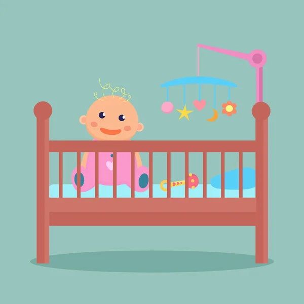 快乐的坐着的婴儿是在婴儿床. — 图库矢量图片