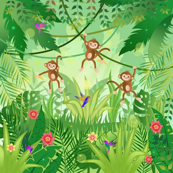 Jungle illustration. Jungle trees and plants. Monkeys and hummin — Stock Vector