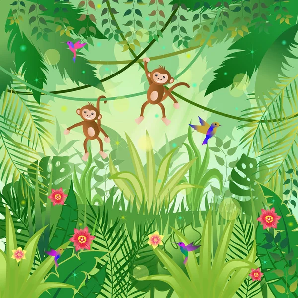 Jungle illustration. Jungle trees and plants. Monkeys and hummingbirds — Stock Vector