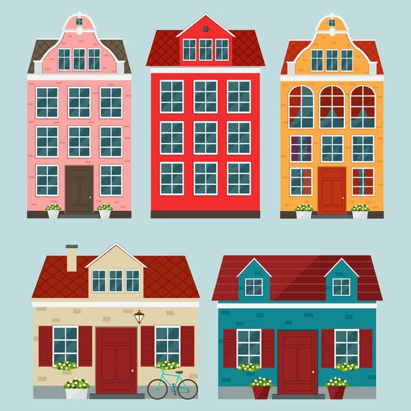 Conjunto de casas antiguas de colores europeos. Ciudad vieja europea . — Vector de stock